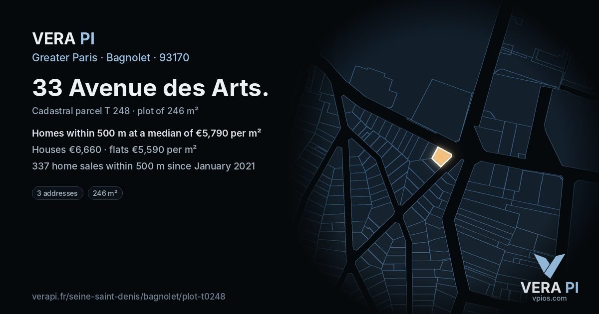 33 Avenue des Arts, Bagnolet at night – the plot lit, the parcels around coloured by the prices near them