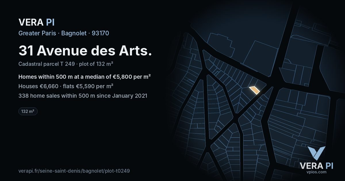 31 Avenue des Arts, Bagnolet at night – the plot lit, the parcels around coloured by the prices near them