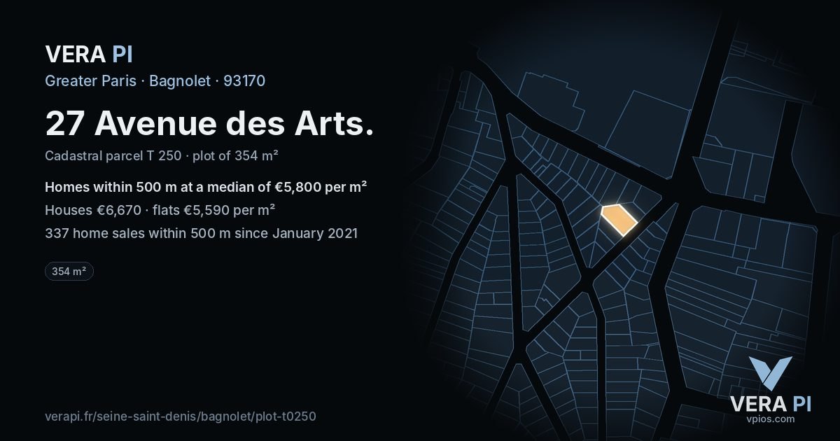 27 Avenue des Arts, Bagnolet at night – the plot lit, the parcels around coloured by the prices near them