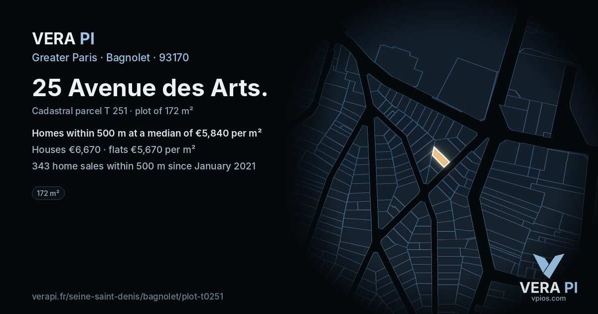 25 Avenue des Arts, Bagnolet at night – the plot lit, the parcels around coloured by the prices near them