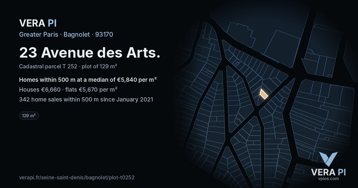 23 Avenue des Arts, Bagnolet at night – the plot lit, the parcels around coloured by the prices near them