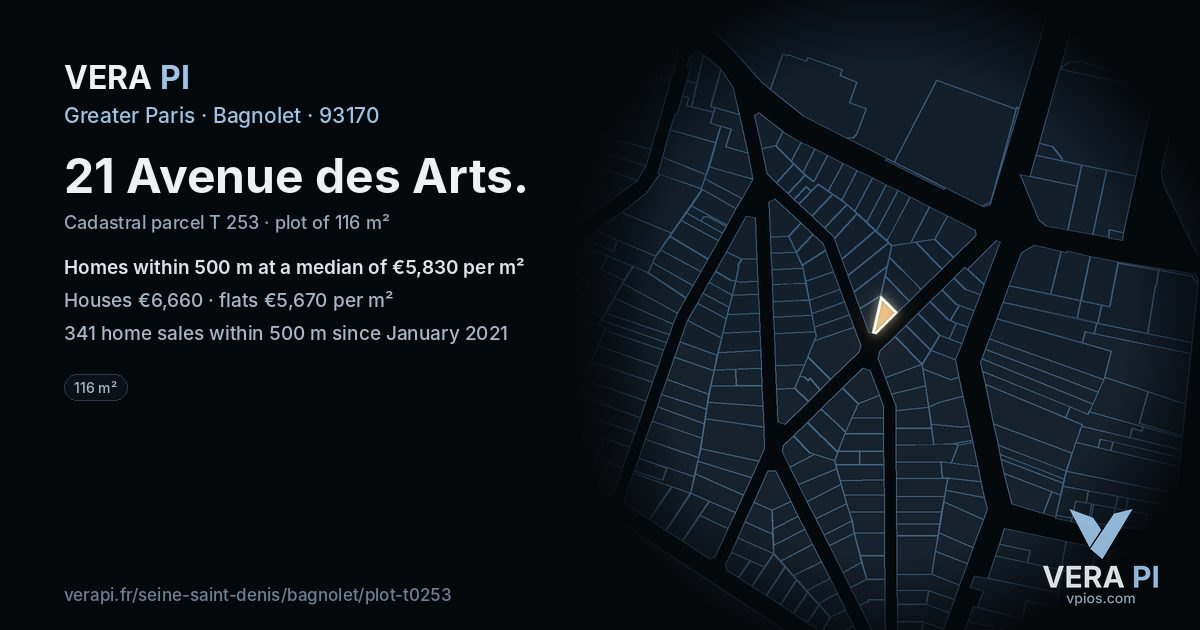 21 Avenue des Arts, Bagnolet at night – the plot lit, the parcels around coloured by the prices near them