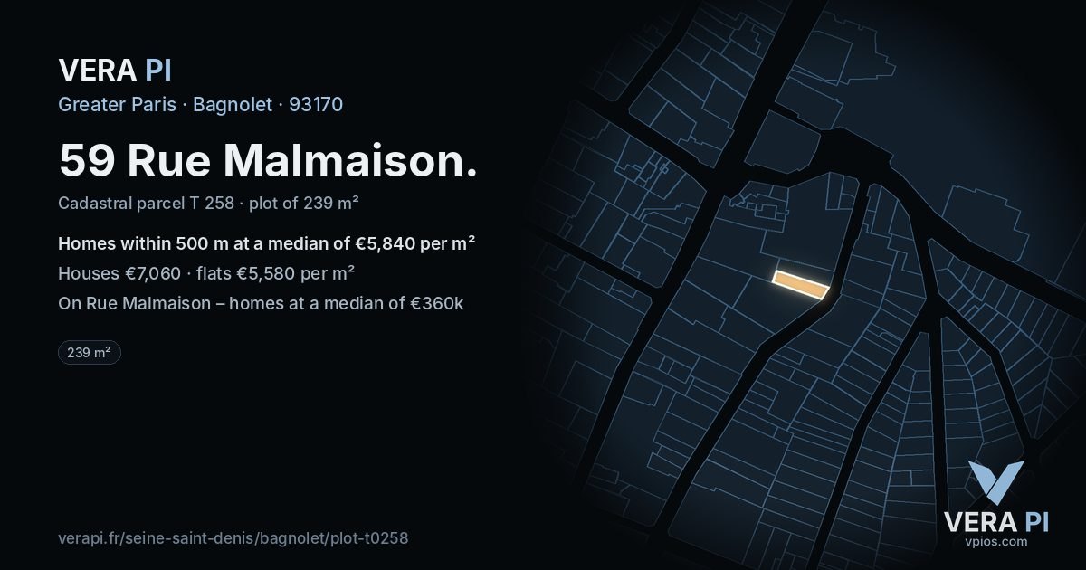 59 Rue Malmaison, Bagnolet at night – the plot lit, the parcels around coloured by the prices near them