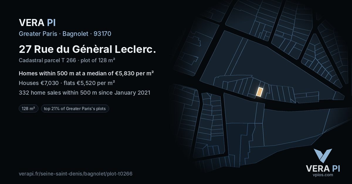 27 Rue du Génèral Leclerc, Bagnolet at night – the plot lit, the parcels around coloured by the prices near them