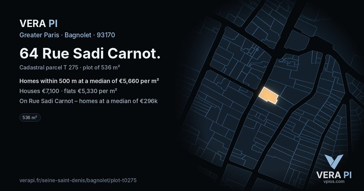 64 Rue Sadi Carnot, Bagnolet at night – the plot lit, the parcels around coloured by the prices near them