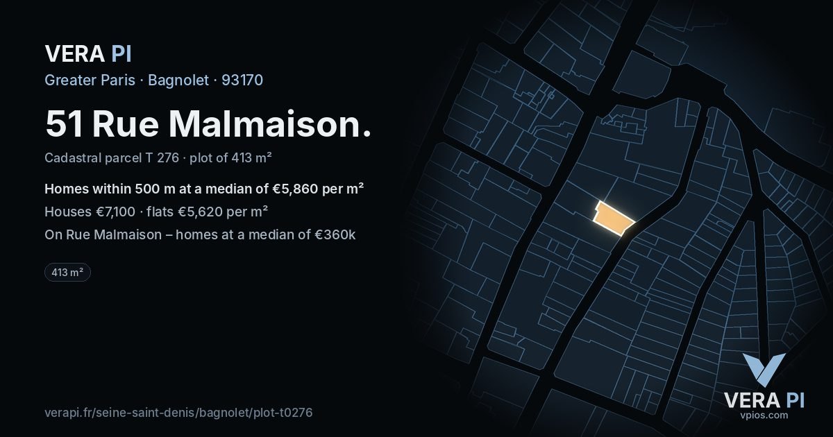 51 Rue Malmaison, Bagnolet at night – the plot lit, the parcels around coloured by the prices near them