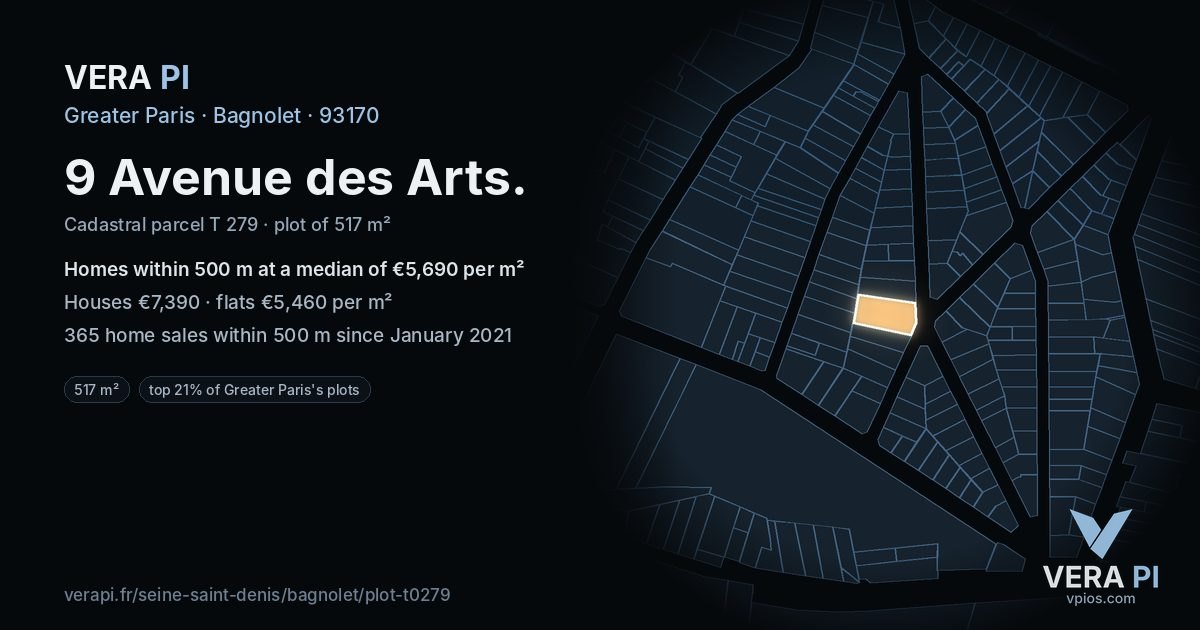 9 Avenue des Arts, Bagnolet at night – the plot lit, the parcels around coloured by the prices near them