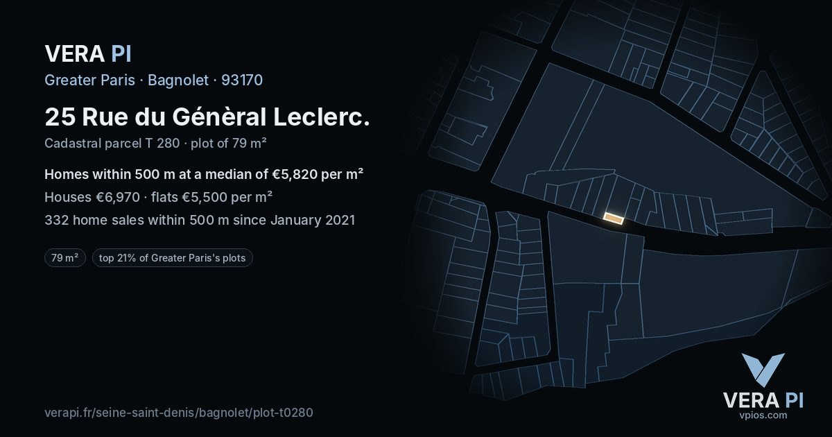 25 Rue du Génèral Leclerc, Bagnolet at night – the plot lit, the parcels around coloured by the prices near them