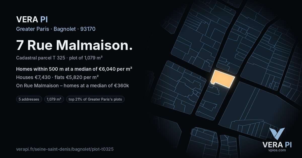 7 Rue Malmaison, Bagnolet at night – the plot lit, the parcels around coloured by the prices near them
