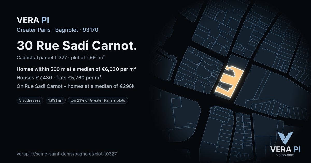 30 Rue Sadi Carnot, Bagnolet at night – the plot lit, the parcels around coloured by the prices near them