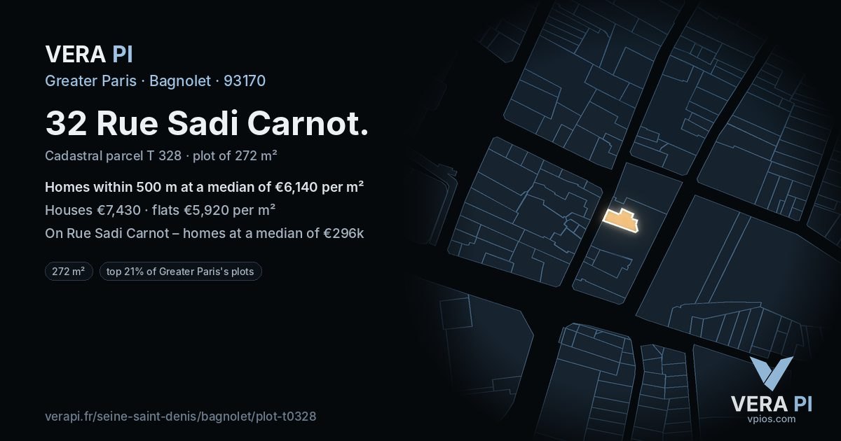 32 Rue Sadi Carnot, Bagnolet at night – the plot lit, the parcels around coloured by the prices near them