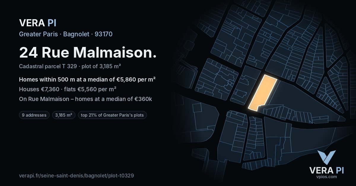 24 Rue Malmaison, Bagnolet at night – the plot lit, the parcels around coloured by the prices near them