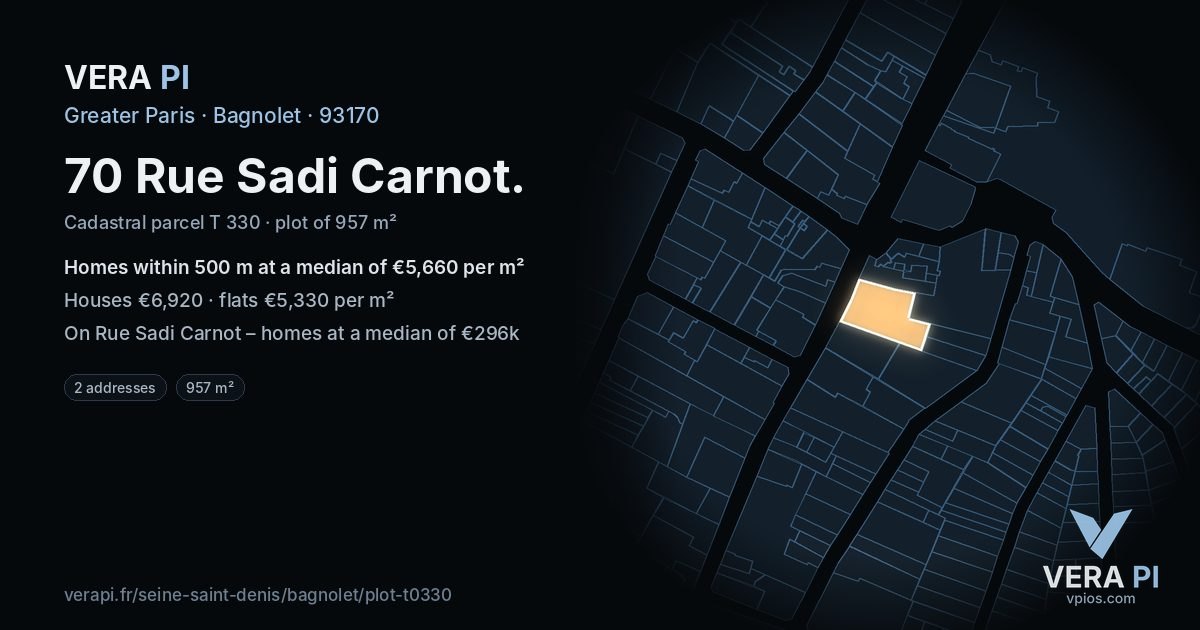 70 Rue Sadi Carnot, Bagnolet at night – the plot lit, the parcels around coloured by the prices near them