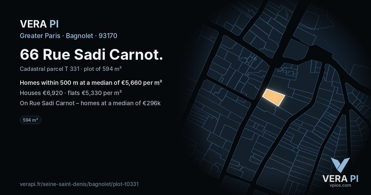 66 Rue Sadi Carnot, Bagnolet at night – the plot lit, the parcels around coloured by the prices near them
