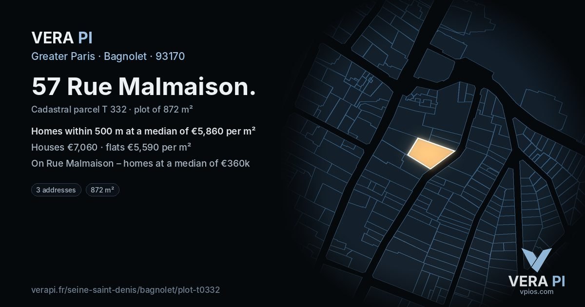 57 Rue Malmaison, Bagnolet at night – the plot lit, the parcels around coloured by the prices near them