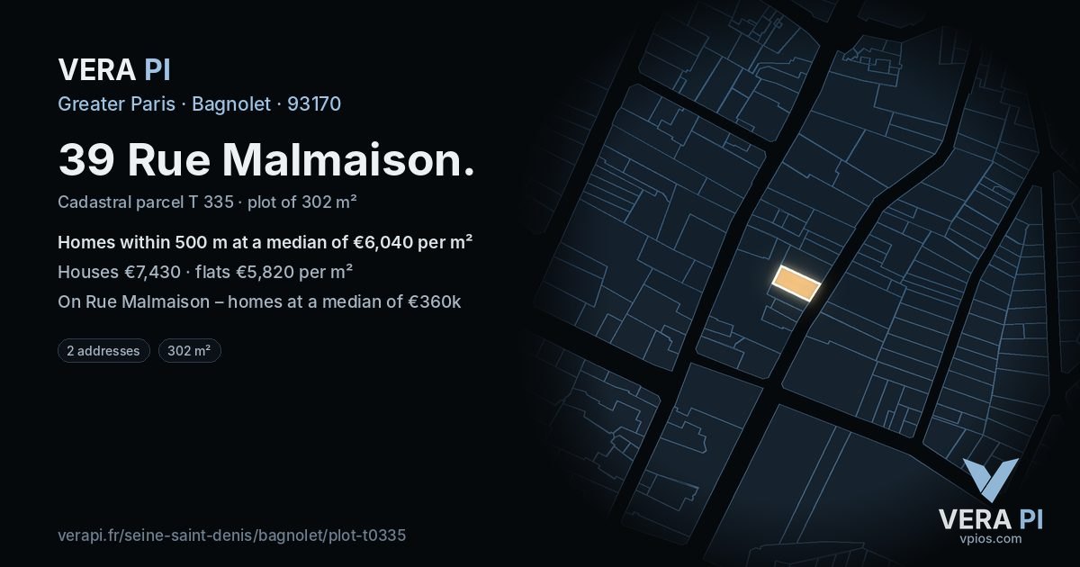 39 Rue Malmaison, Bagnolet at night – the plot lit, the parcels around coloured by the prices near them