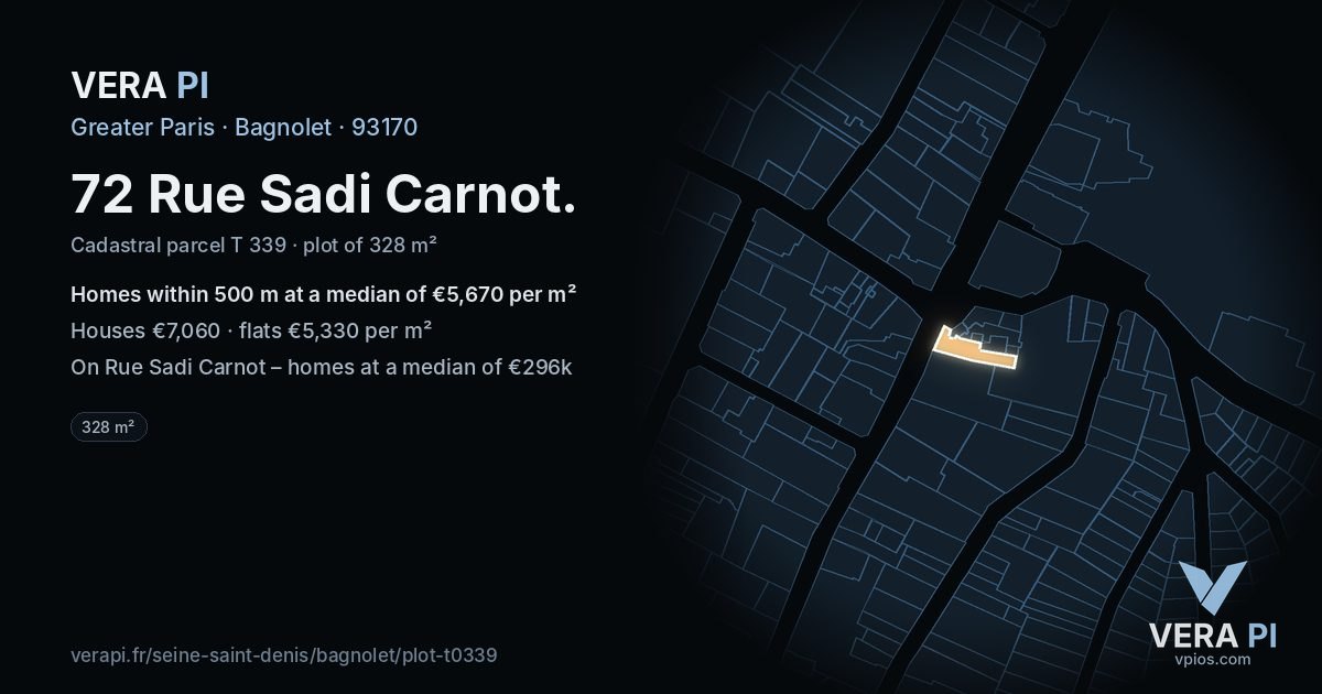72 Rue Sadi Carnot, Bagnolet at night – the plot lit, the parcels around coloured by the prices near them