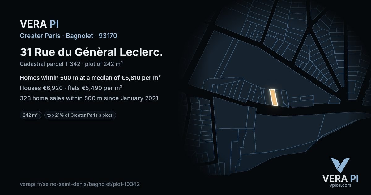 31 Rue du Génèral Leclerc, Bagnolet at night – the plot lit, the parcels around coloured by the prices near them