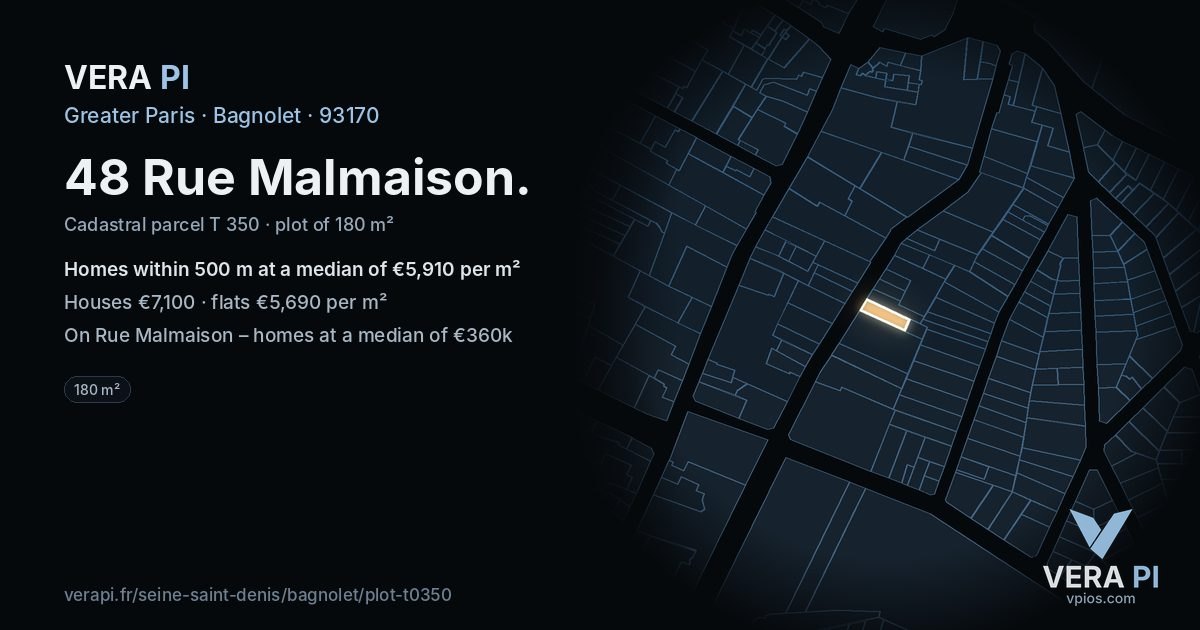 48 Rue Malmaison, Bagnolet at night – the plot lit, the parcels around coloured by the prices near them