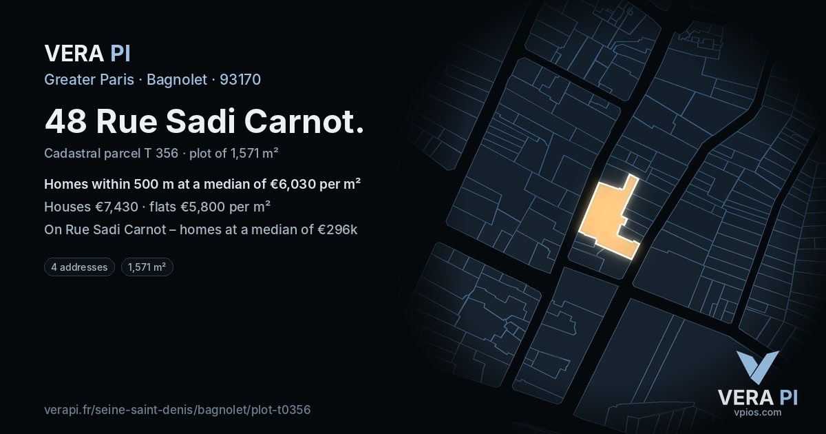 48 Rue Sadi Carnot, Bagnolet at night – the plot lit, the parcels around coloured by the prices near them