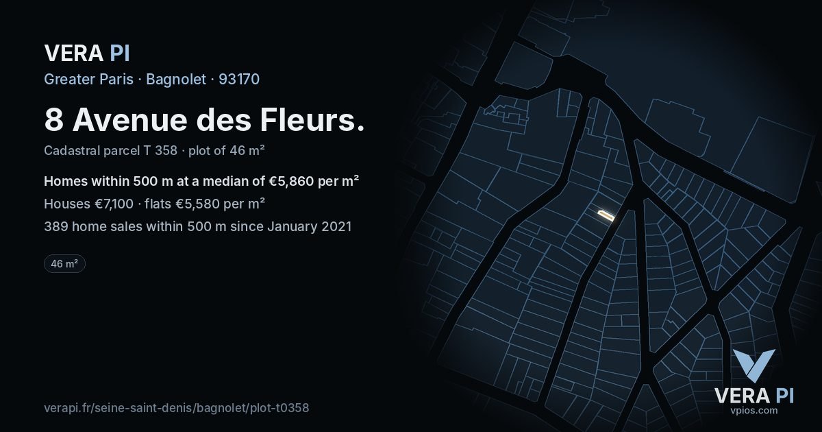 8 Avenue des Fleurs, Bagnolet at night – the plot lit, the parcels around coloured by the prices near them