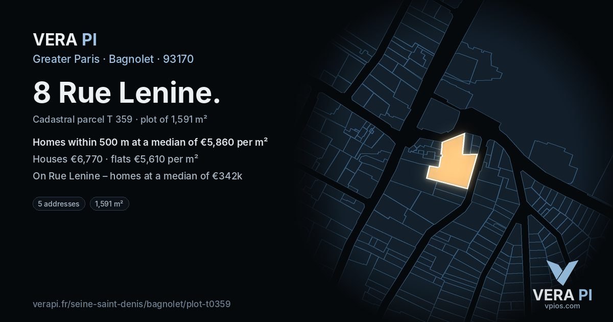 8 Rue Lenine, Bagnolet at night – the plot lit, the parcels around coloured by the prices near them
