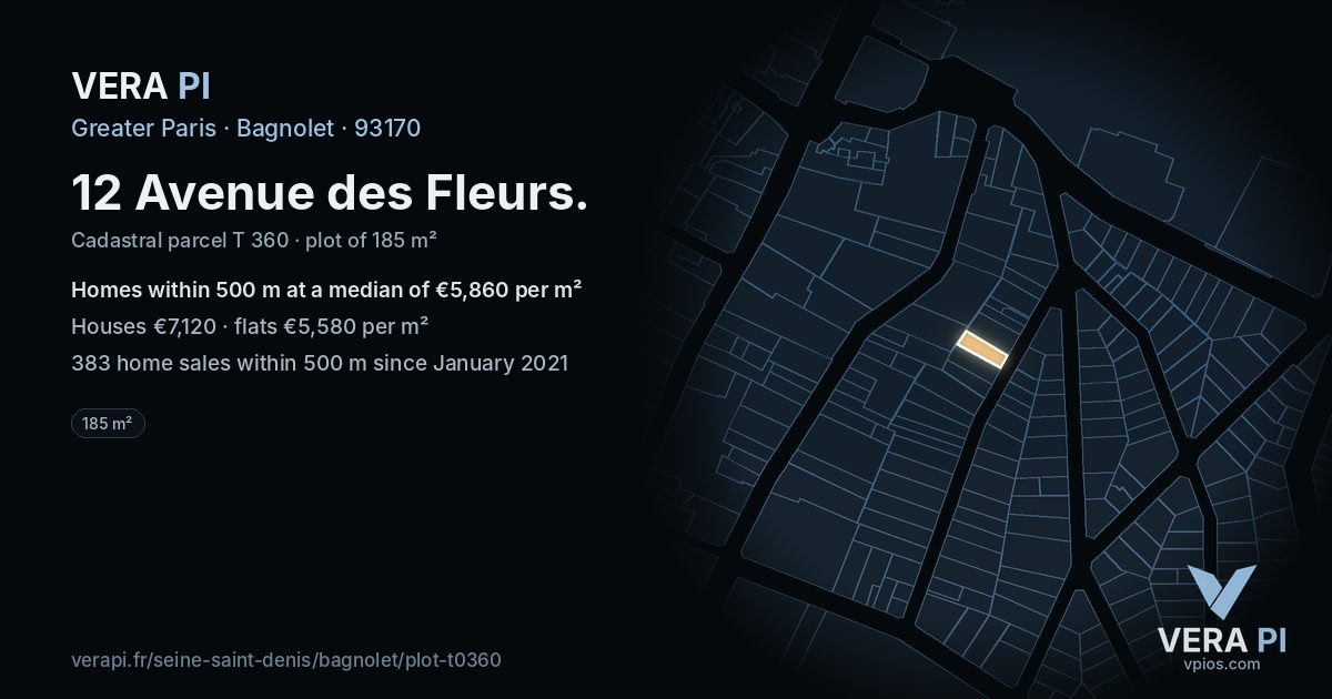 12 Avenue des Fleurs, Bagnolet at night – the plot lit, the parcels around coloured by the prices near them