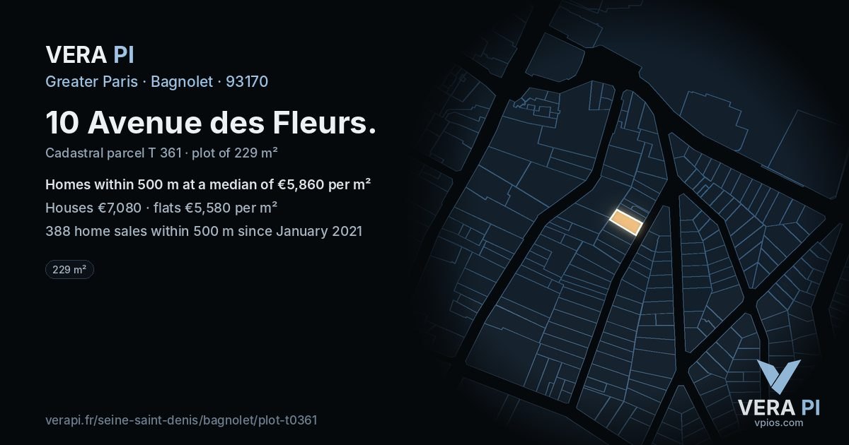 10 Avenue des Fleurs, Bagnolet at night – the plot lit, the parcels around coloured by the prices near them