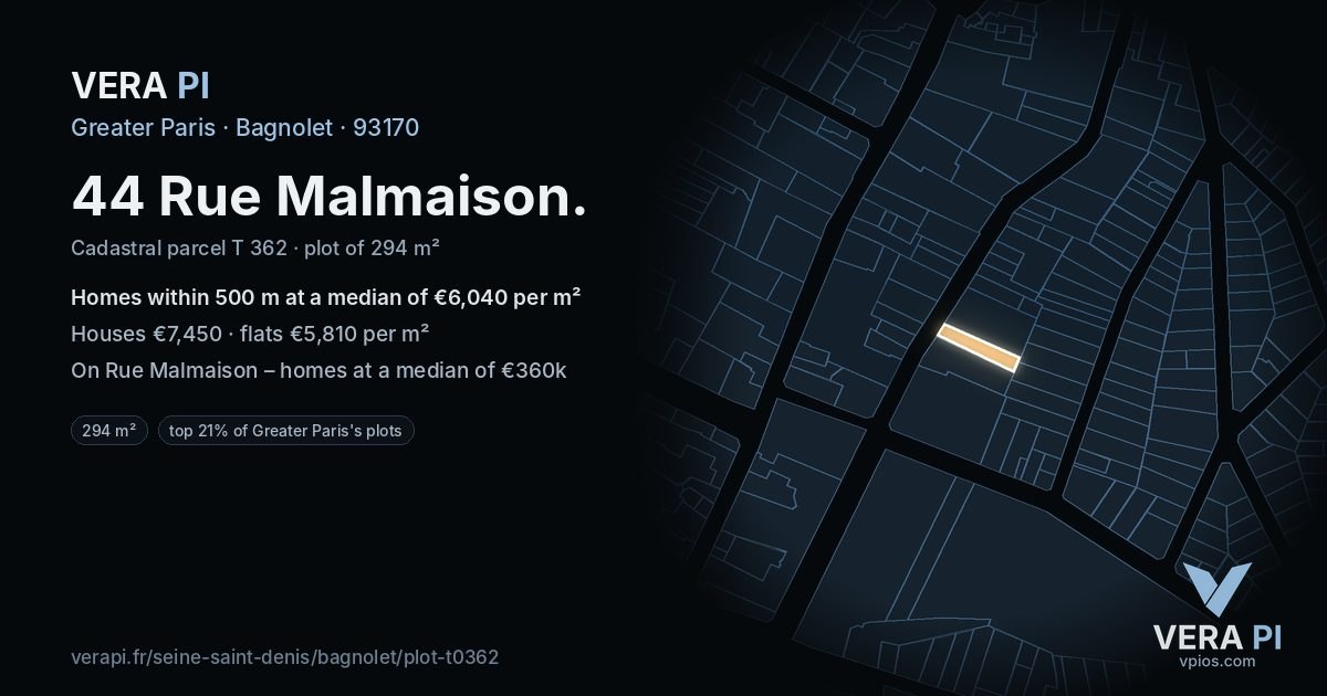 44 Rue Malmaison, Bagnolet at night – the plot lit, the parcels around coloured by the prices near them