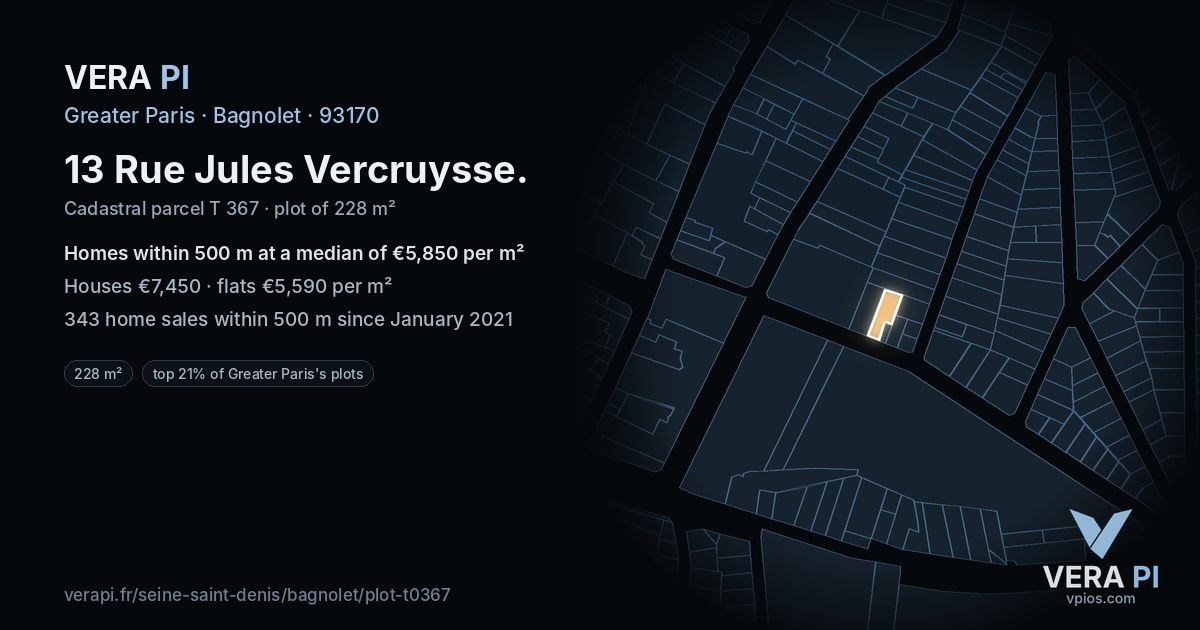 13 Rue Jules Vercruysse, Bagnolet at night – the plot lit, the parcels around coloured by the prices near them