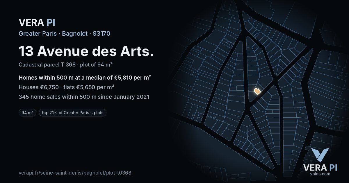 13 Avenue des Arts, Bagnolet at night – the plot lit, the parcels around coloured by the prices near them