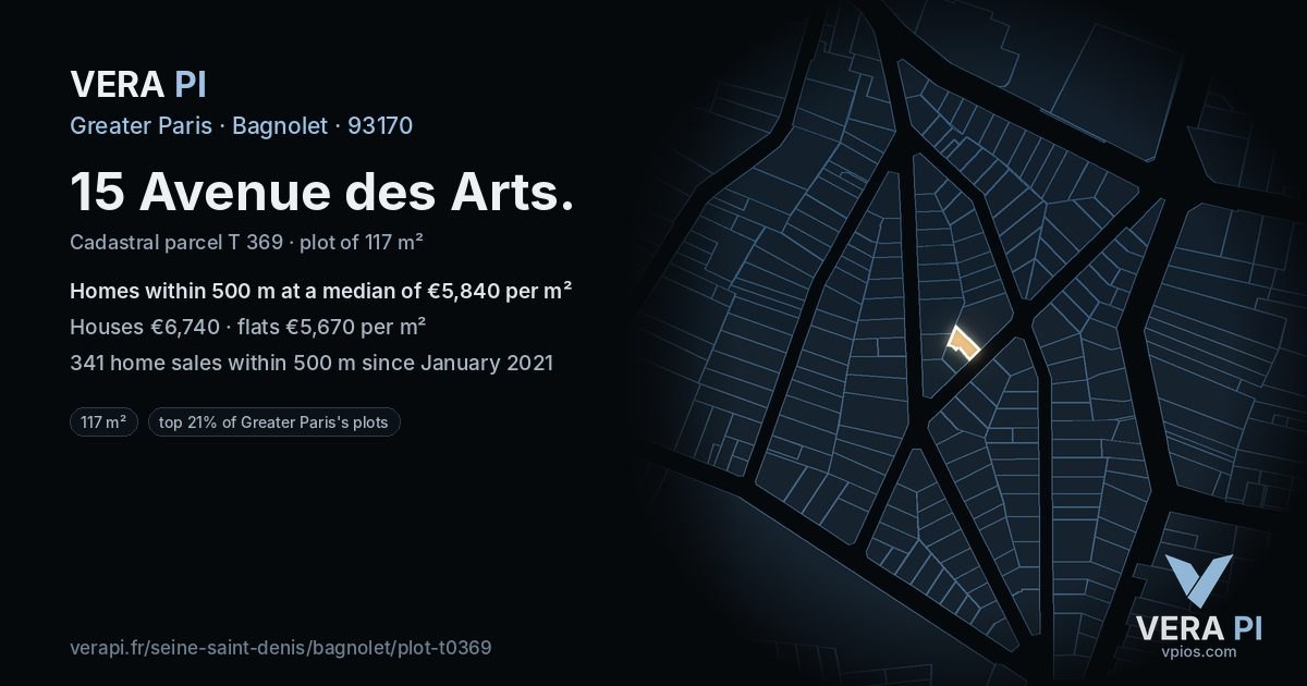 15 Avenue des Arts, Bagnolet at night – the plot lit, the parcels around coloured by the prices near them