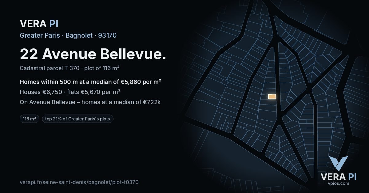 22 Avenue Bellevue, Bagnolet at night – the plot lit, the parcels around coloured by the prices near them