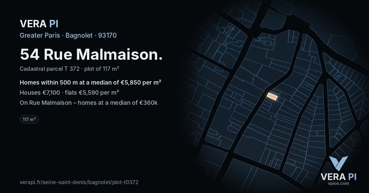 54 Rue Malmaison, Bagnolet at night – the plot lit, the parcels around coloured by the prices near them