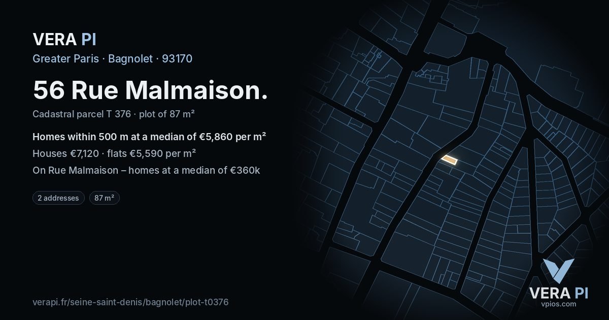 56 Rue Malmaison, Bagnolet at night – the plot lit, the parcels around coloured by the prices near them