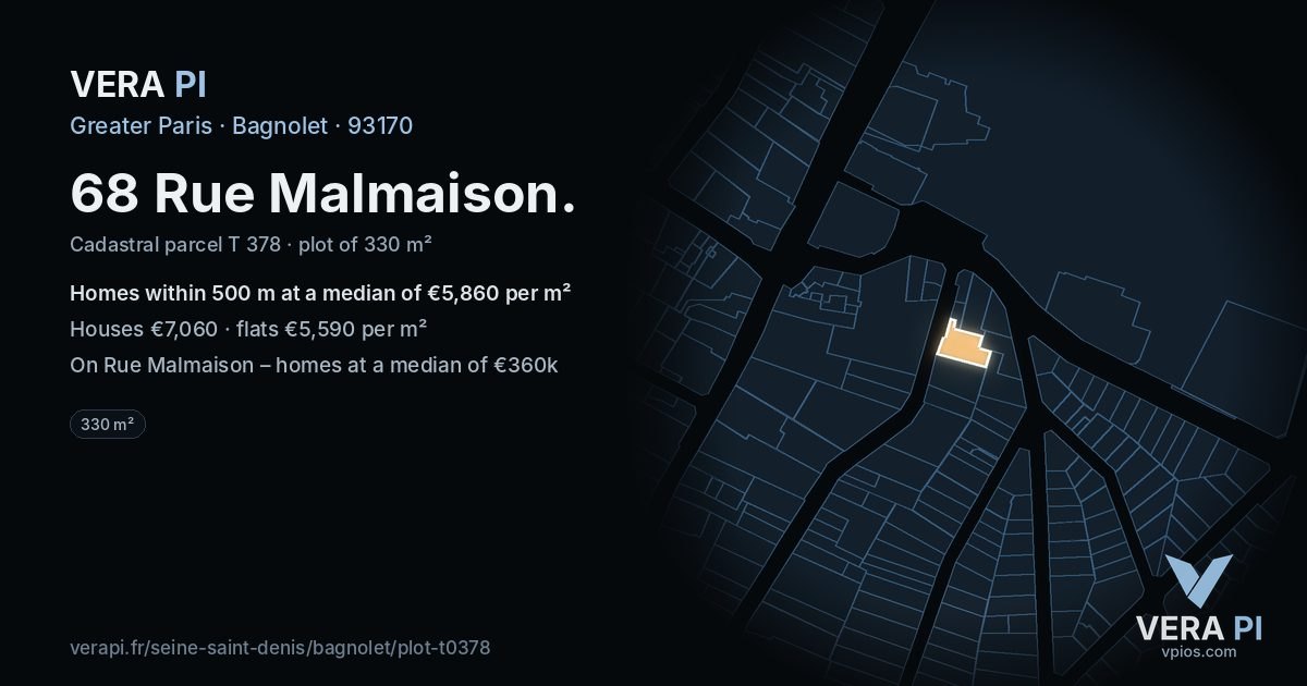 68 Rue Malmaison, Bagnolet at night – the plot lit, the parcels around coloured by the prices near them