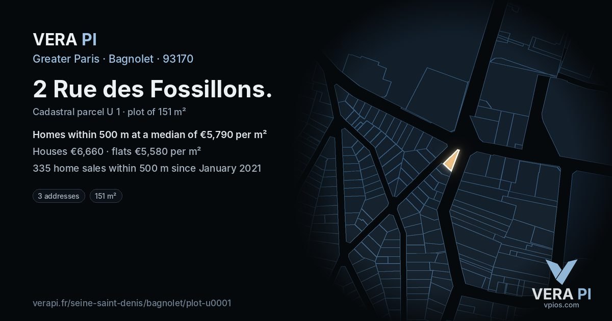 2 Rue des Fossillons, Bagnolet at night – the plot lit, the parcels around coloured by the prices near them