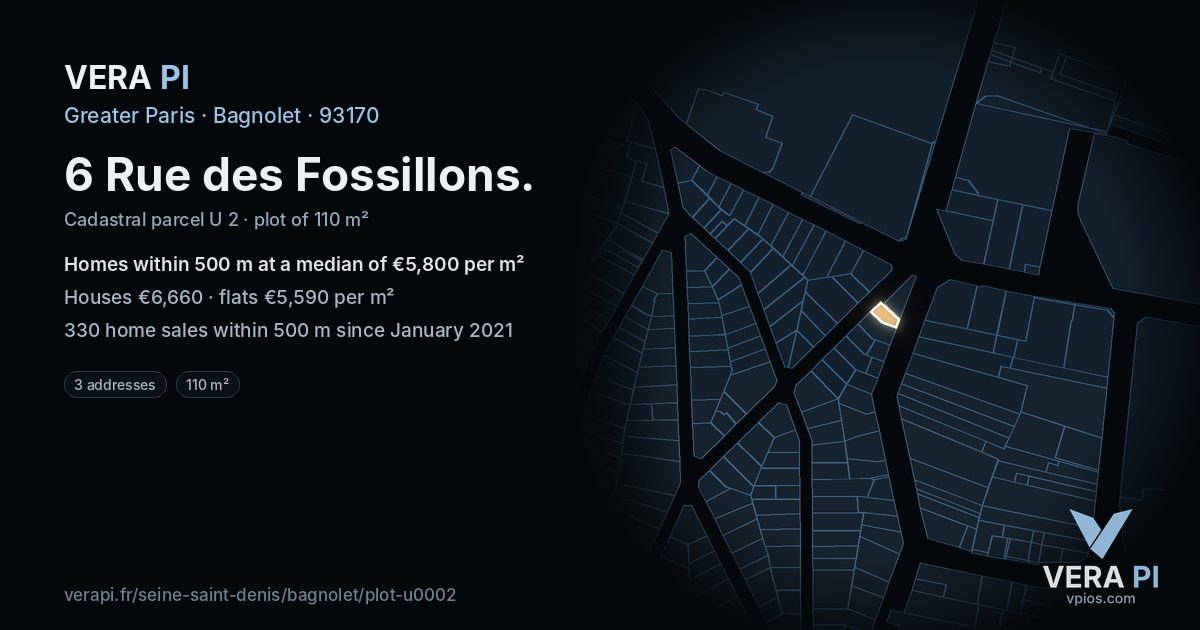 6 Rue des Fossillons, Bagnolet at night – the plot lit, the parcels around coloured by the prices near them