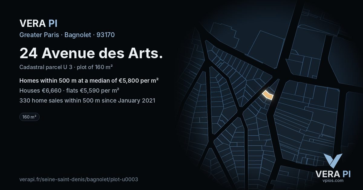 24 Avenue des Arts, Bagnolet at night – the plot lit, the parcels around coloured by the prices near them