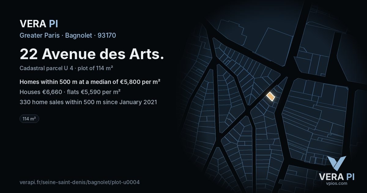 22 Avenue des Arts, Bagnolet at night – the plot lit, the parcels around coloured by the prices near them