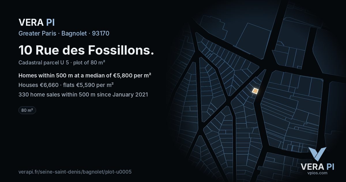 10 Rue des Fossillons, Bagnolet at night – the plot lit, the parcels around coloured by the prices near them