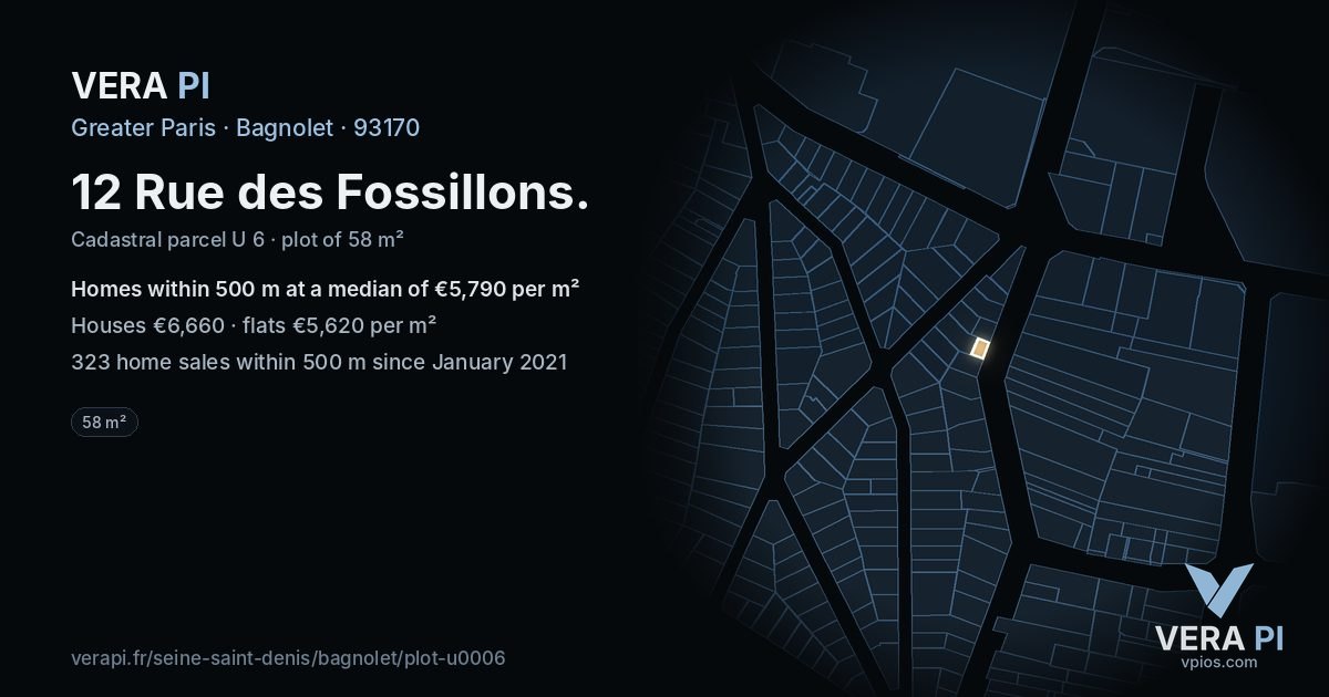 12 Rue des Fossillons, Bagnolet at night – the plot lit, the parcels around coloured by the prices near them