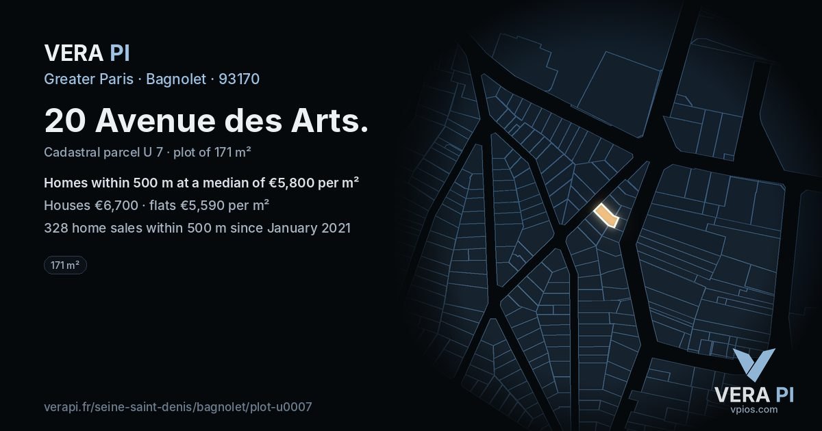 20 Avenue des Arts, Bagnolet at night – the plot lit, the parcels around coloured by the prices near them