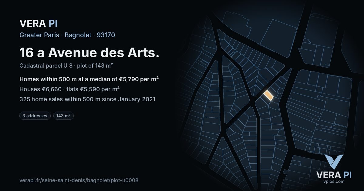 16 a Avenue des Arts, Bagnolet at night – the plot lit, the parcels around coloured by the prices near them