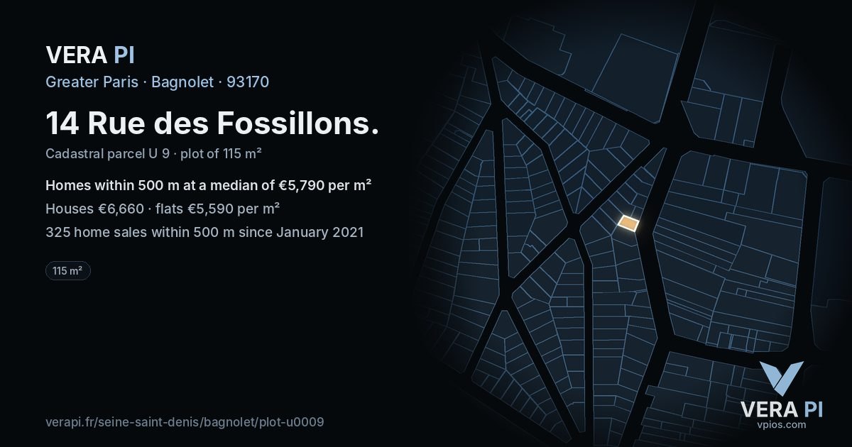 14 Rue des Fossillons, Bagnolet at night – the plot lit, the parcels around coloured by the prices near them