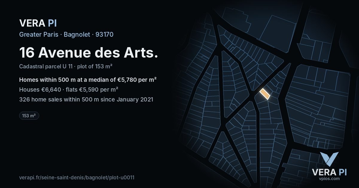 16 Avenue des Arts, Bagnolet at night – the plot lit, the parcels around coloured by the prices near them