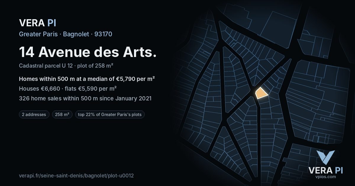 14 Avenue des Arts, Bagnolet at night – the plot lit, the parcels around coloured by the prices near them