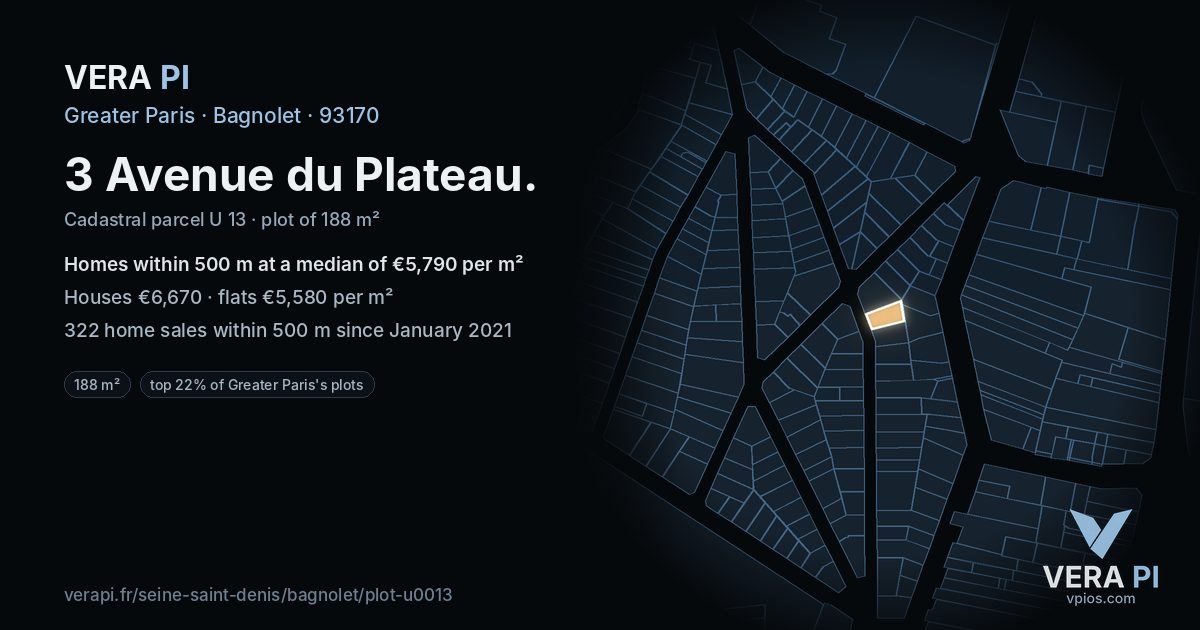 3 Avenue du Plateau, Bagnolet at night – the plot lit, the parcels around coloured by the prices near them