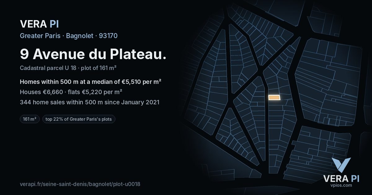 9 Avenue du Plateau, Bagnolet at night – the plot lit, the parcels around coloured by the prices near them