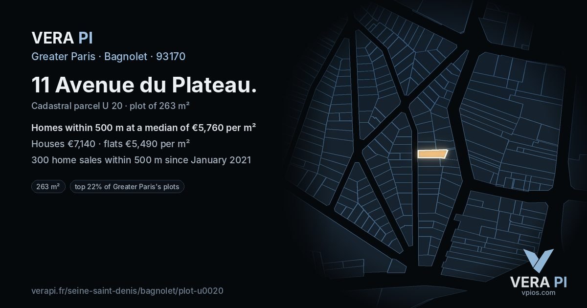 11 Avenue du Plateau, Bagnolet at night – the plot lit, the parcels around coloured by the prices near them